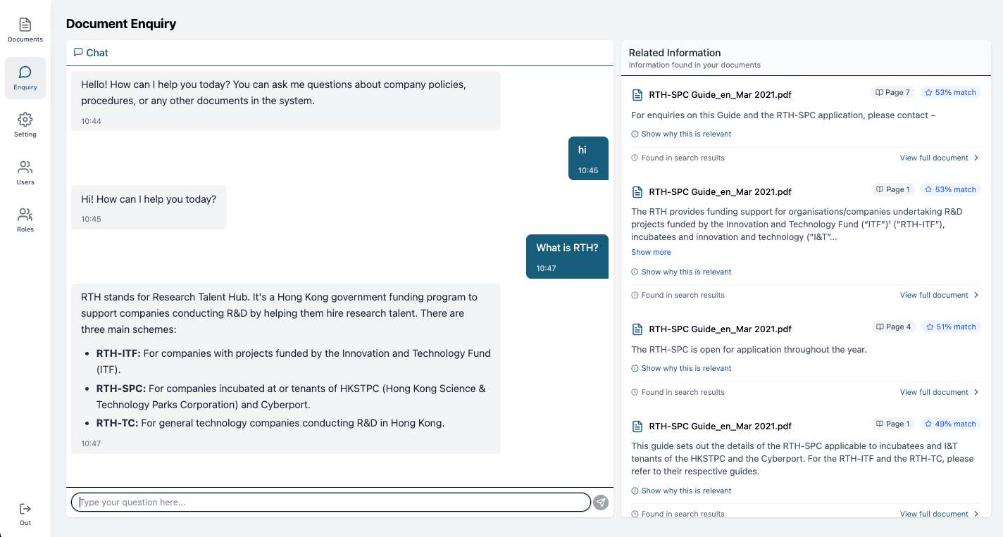 Document chat and search interface showing AI-powered search results